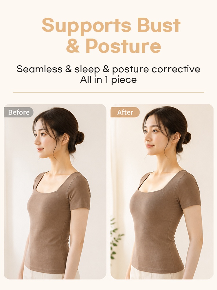 Posture comparison graphic showing bust and back support after wearing VEIMIA