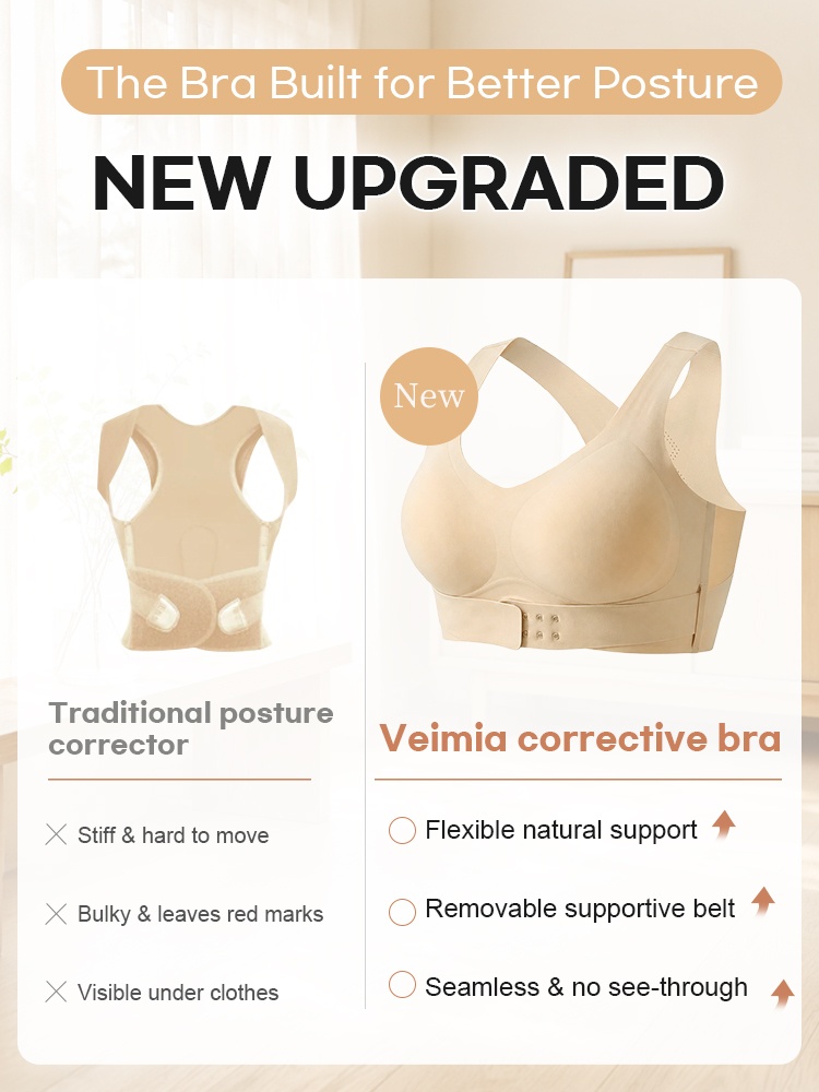 Comparison graphic showing traditional posture corrector and sand corrective bra VEIMIA