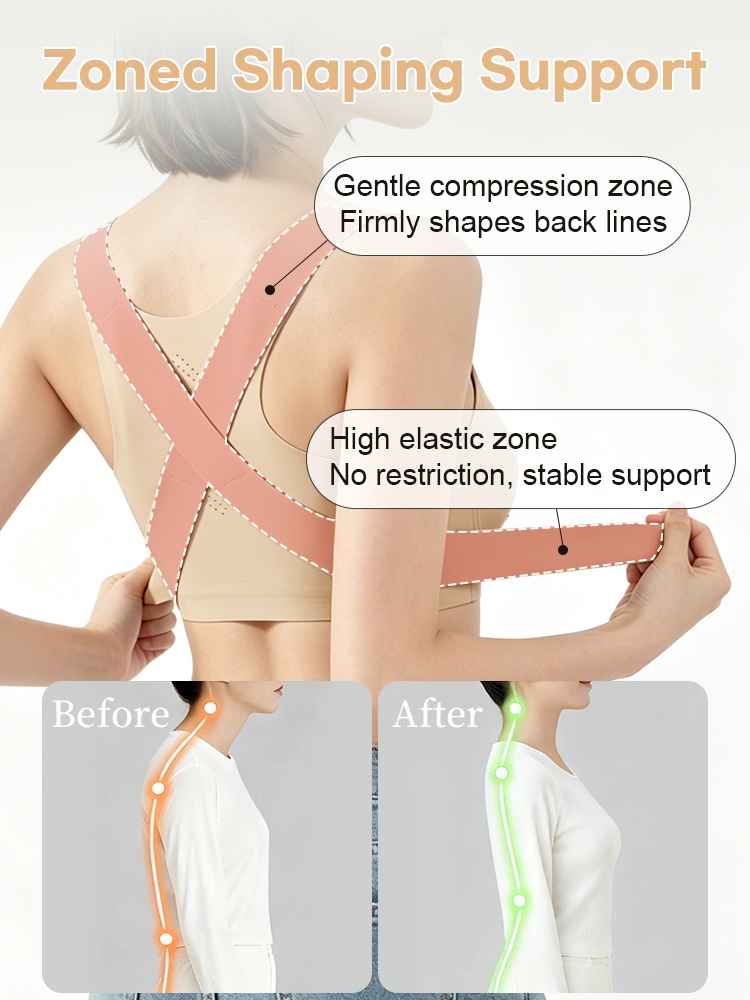 Feature graphic showing crossed back support zones on sand corrective bra VEIMIA