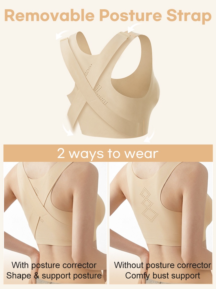 Feature graphic showing removable posture strap and two wearing options VEIMIA