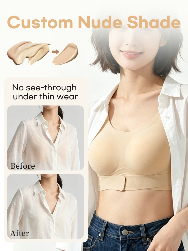 Model wearing sand corrective bra under white shirt with coverage comparison VEIMIA