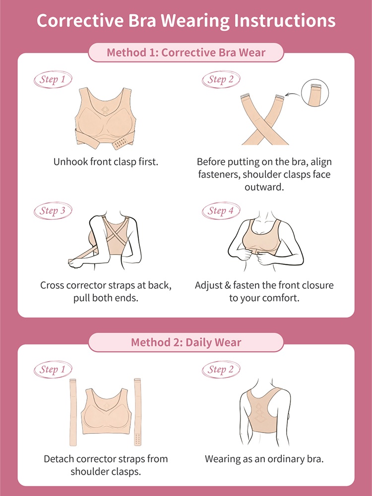 Wearing instruction diagram for corrective bra and daily wear methods VEIMIA