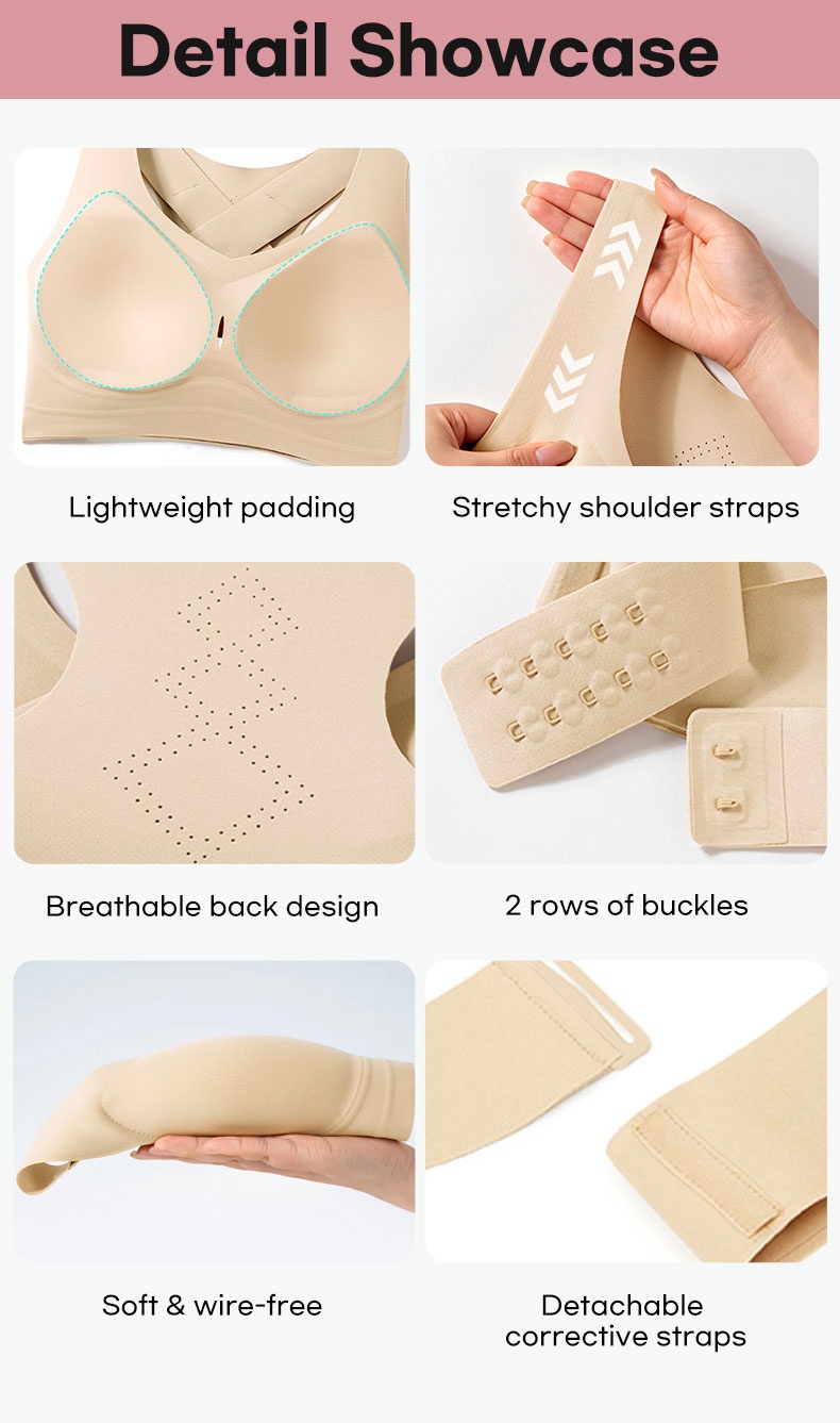 Detail graphic showing bra padding straps back holes buckles and detachable straps VEIMIA