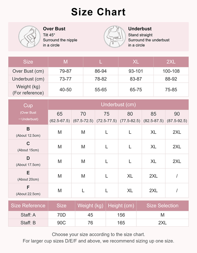 Corrective bra size chart with over bust and underbust measurement guide VEIMIA
