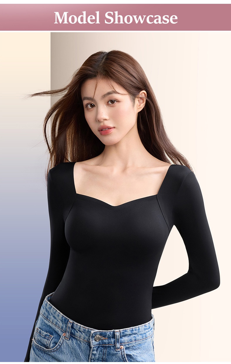 Cozy Long Sleeve Shirts Skin-friendly & Warmth, Square Neck Tops With Built-in ​​Pad​​ Base Layer VEIMIA