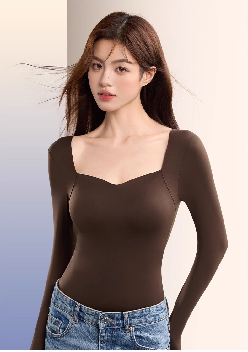 Cozy Long ​​Sleeves​​ ​​Shirt​​ Skin-friendly & Warmth, Square Neck Tops With Built-in Pads Base Layer VEIMIA