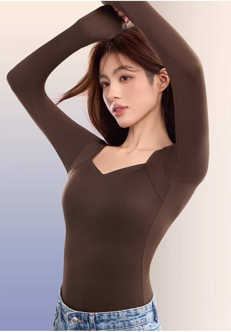Cozy Long Sleeve ​​Shirt​​ Skin-friendly & Warmth, Square Neck ​​Top​​ With Built-in Pads Base Layer VEIMIA