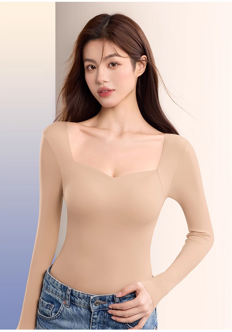 Cozy Long Sleeve ​​Shirt​​ Skin-friendly & Warmth, Square Neck Tops With Built-in ​​Pad​​ Base Layer VEIMIA