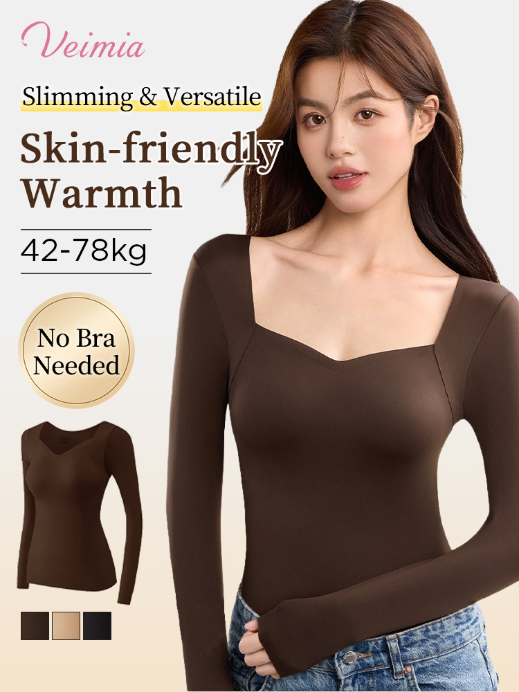 Cozy Long Sleeve Shirt Skin-friendly & Warmth, Square Neck Tops With Built-in Pads Base Layers VEIMIA