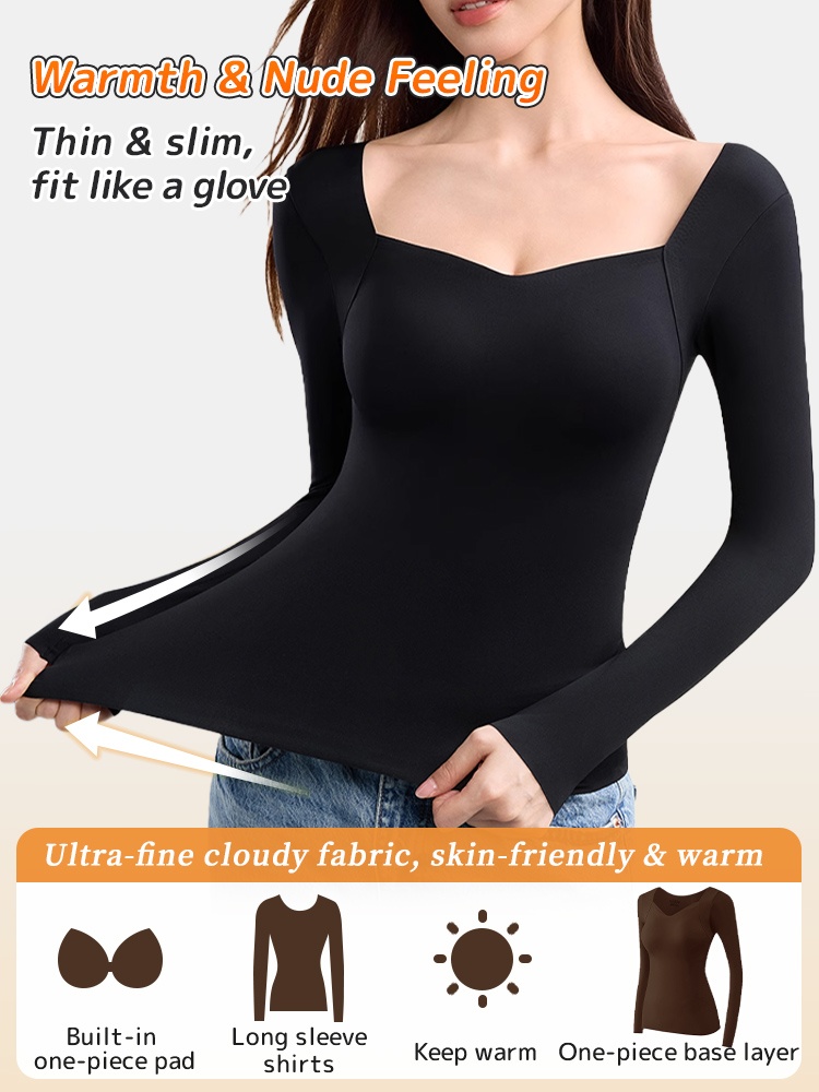 Cozy Long ​​Sleeves​​ Shirts Skin-friendly & Warmth, Square Neck ​​Top​​ With Built-in Pads Base Layer VEIMIA