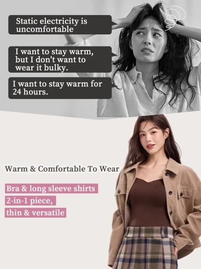 Cozy Long ​​Sleeves​​ Shirts Skin-friendly & Warmth, Square Neck Tops With Built-in Pads Base ​​Layers​​ VEIMIA