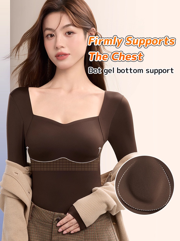 Cozy Long ​​Sleeves​​ ​​Shirt​​ Skin-friendly & Warmth, Square Neck ​​Top​​ With Built-in Pads Base ​​Layers​​ VEIMIA