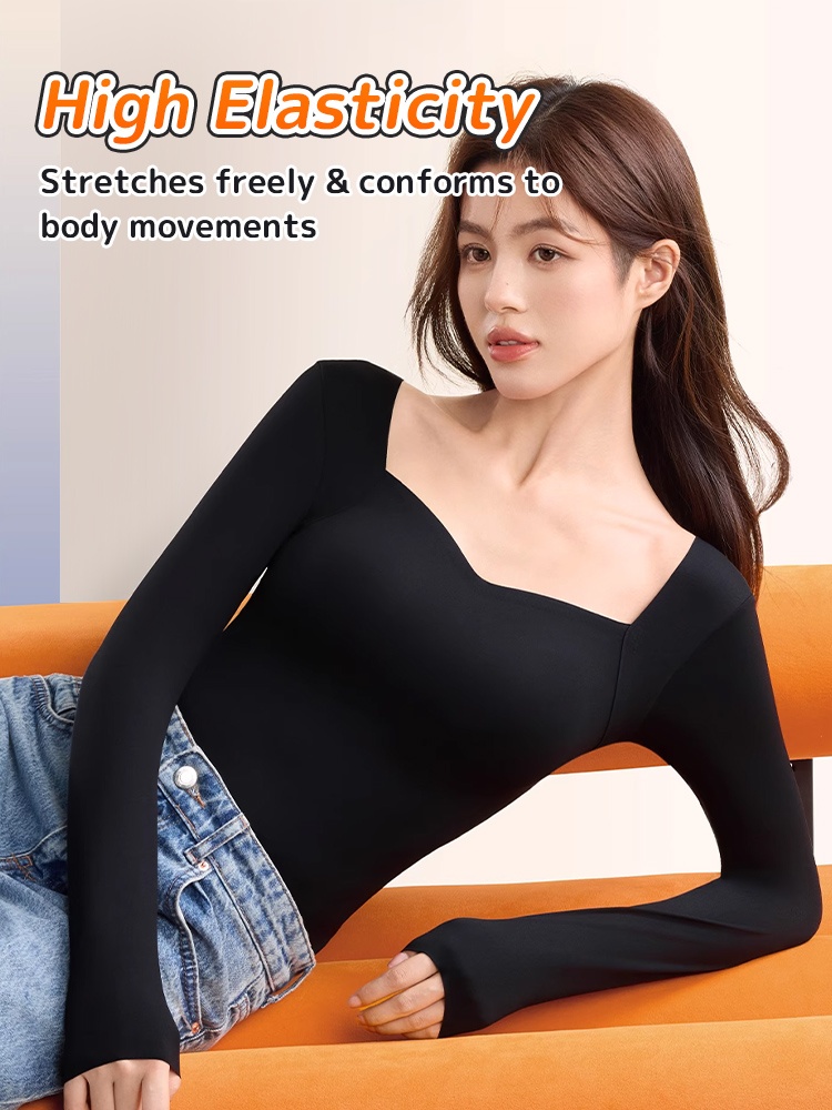 Cozy Long ​​Sleeves​​ Shirts Skin-friendly & Warmth, Square Neck ​​Top​​ With Built-in ​​Pad​​ Base ​​Layers​​ VEIMIA