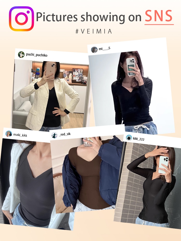 Cozy Long ​​Sleeves​​ ​​Shirt​​ Skin-friendly & Warmth, Square Neck ​​Top​​ With Built-in ​​Pad​​ Base ​​Layers​​ VEIMIA