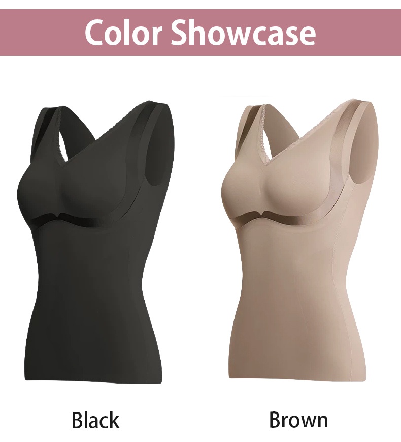 Model wearing brown shaping top with wide straps and smooth longline fit VEIMIA