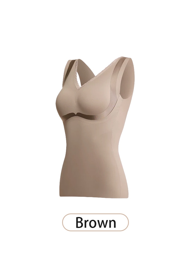 Brown shaping bra top angled front view with lace trimmed neckline VEIMIA