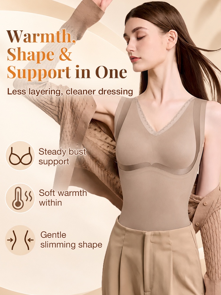 Model wearing brown shaping bra top with support warmth and shaping feature icons VEIMIA