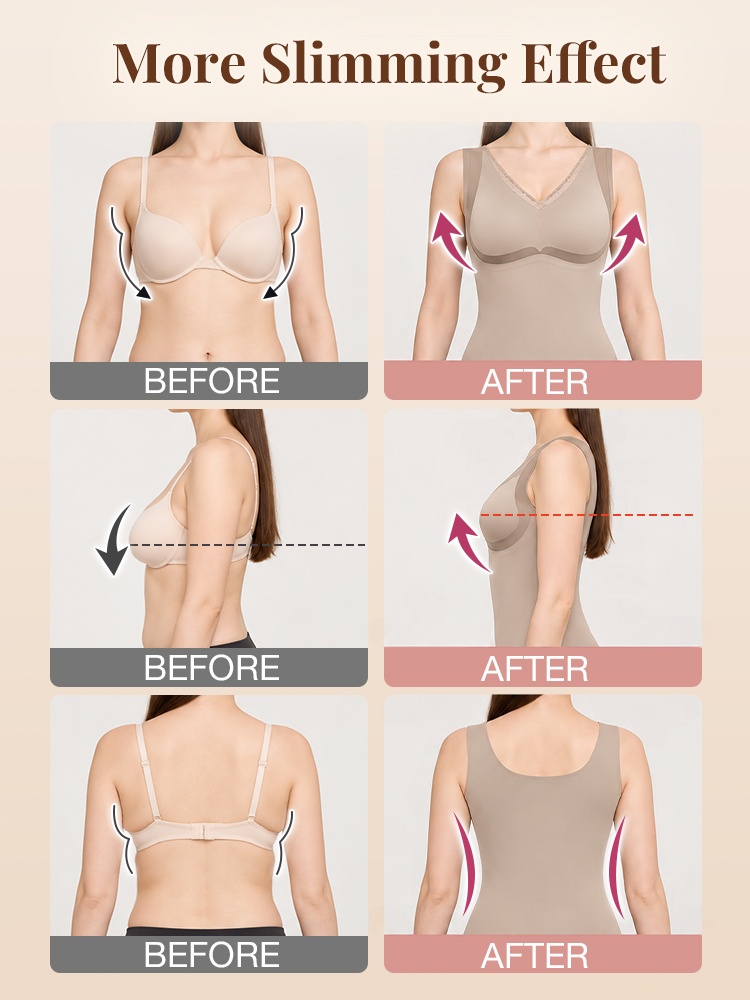 Before and after comparison of bra and shaping top from three angles VEIMIA