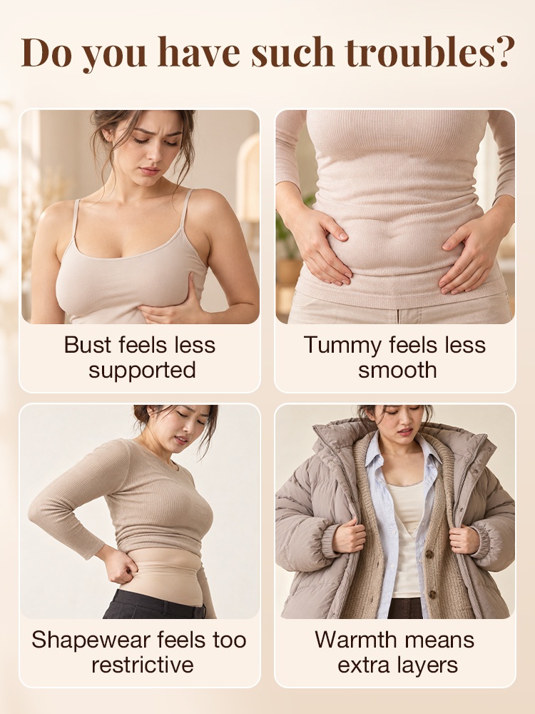 Four panel graphic showing bust support tummy smoothing and winter clothing concerns VEIMIA