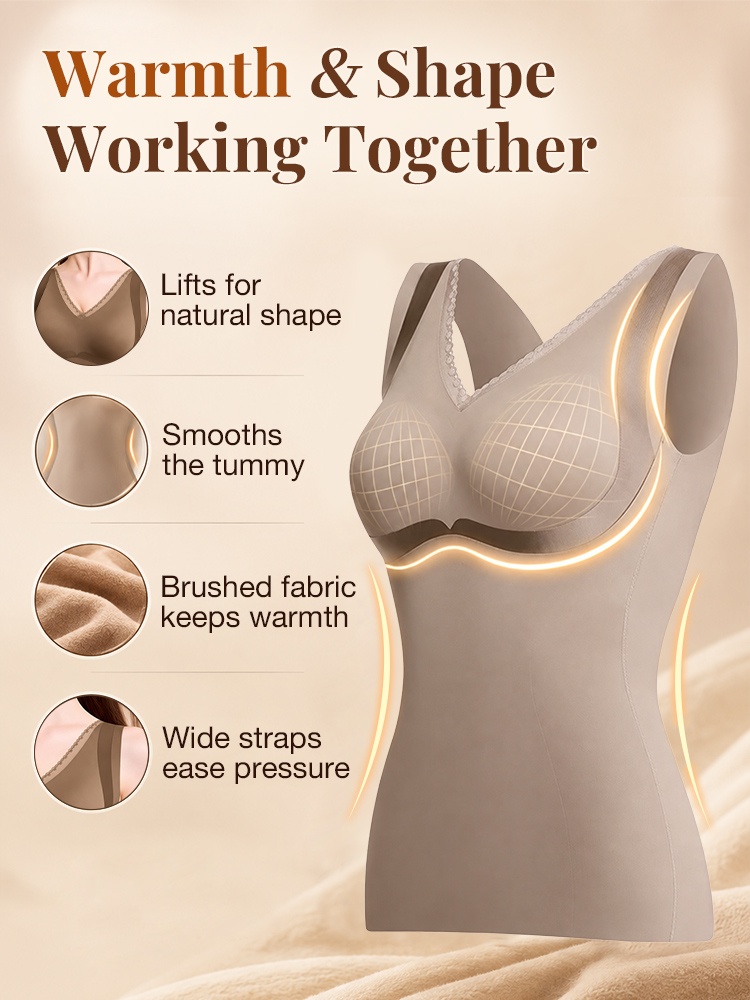 Feature graphic of brown shaping bra top showing bust cups wide straps and lining VEIMIA