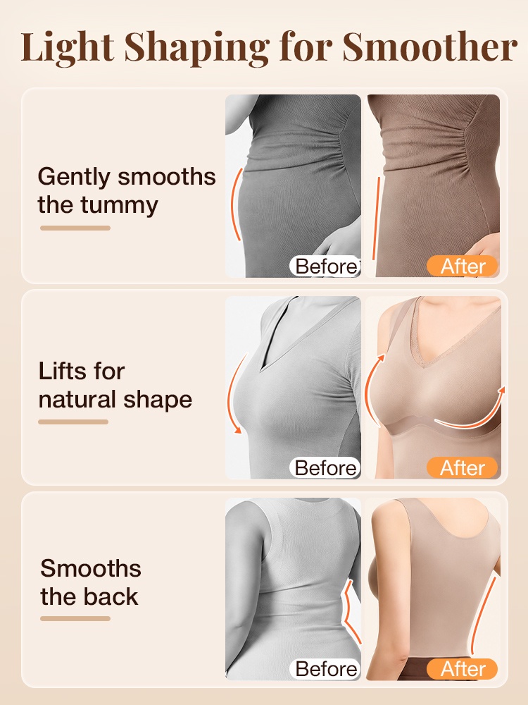 Before and after graphic comparing tummy bust and back shaping views VEIMIA