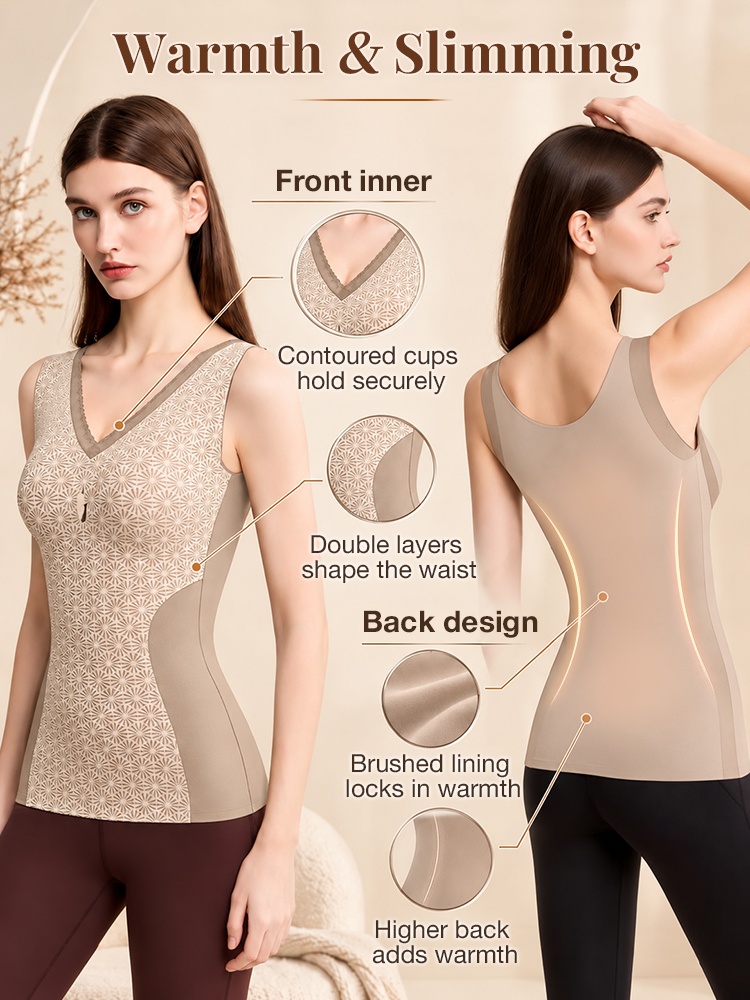 Front and back feature graphic highlighting inner cups and brushed lining of brown shaping top VEIMIA