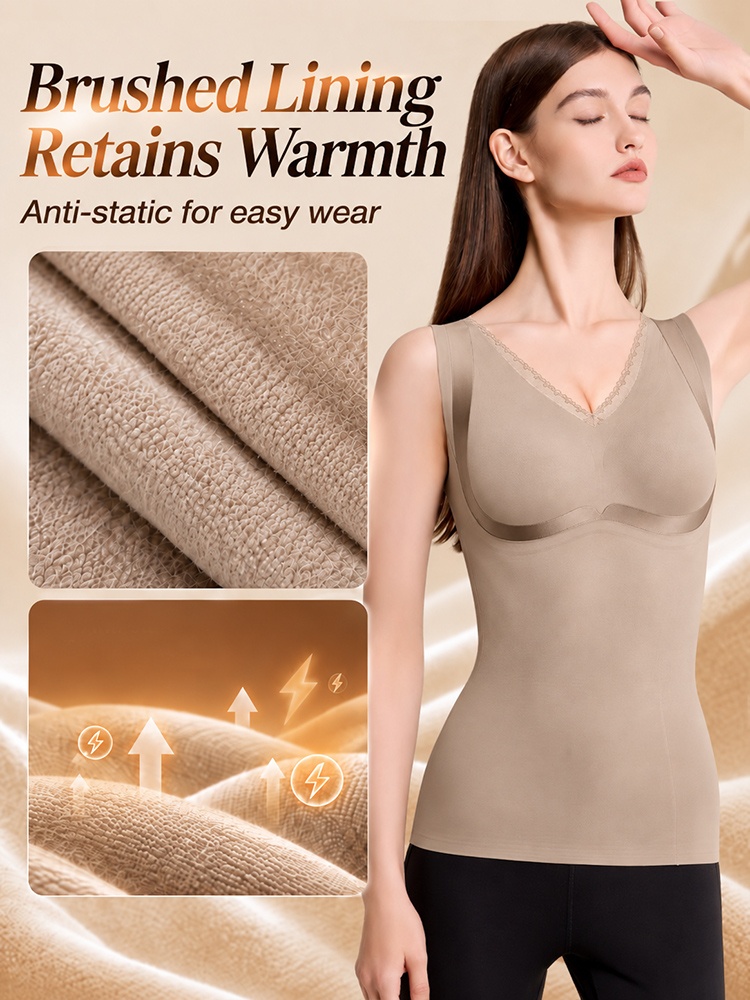 Model wearing brown shaping top beside close ups of brushed fabric lining VEIMIA