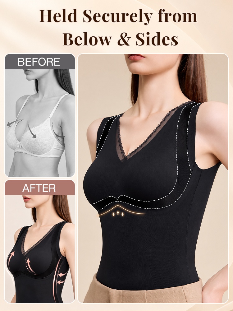 Before and after support graphic with model wearing black V neck shaping top VEIMIA