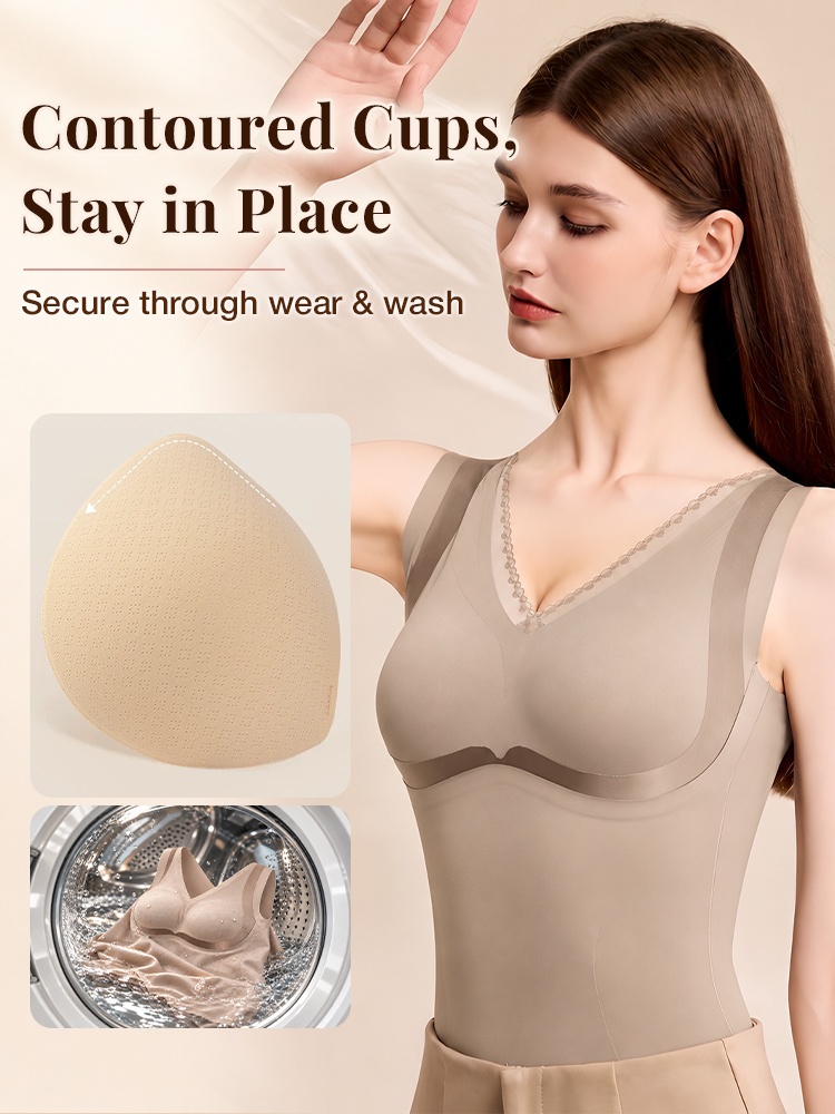 Model wearing brown shaping top beside contoured cup and washing illustrations VEIMIA