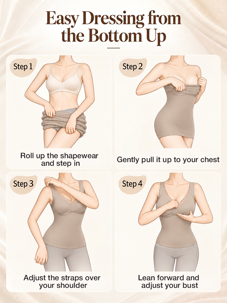 Four step illustrated guide to putting on and adjusting shaping bra top VEIMIA