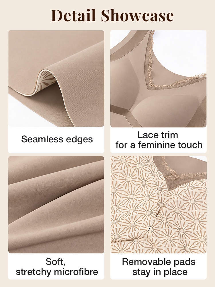 Detail showcase of brown shaping top with seamless edge lace trim and lining VEIMIA