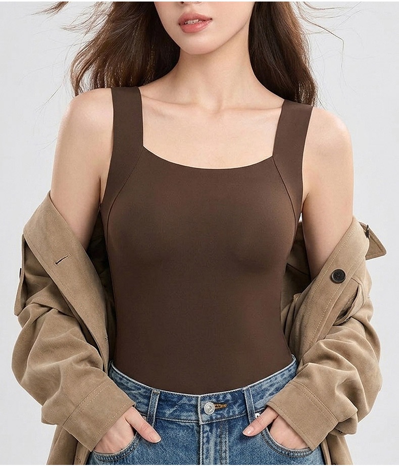 Model wearing brown square neck tank top with casual jacket VEIMIA