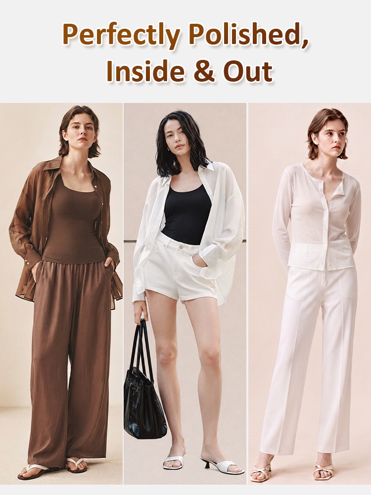 Styling graphic showing brown black and white tank tops with layered outfits VEIMIA