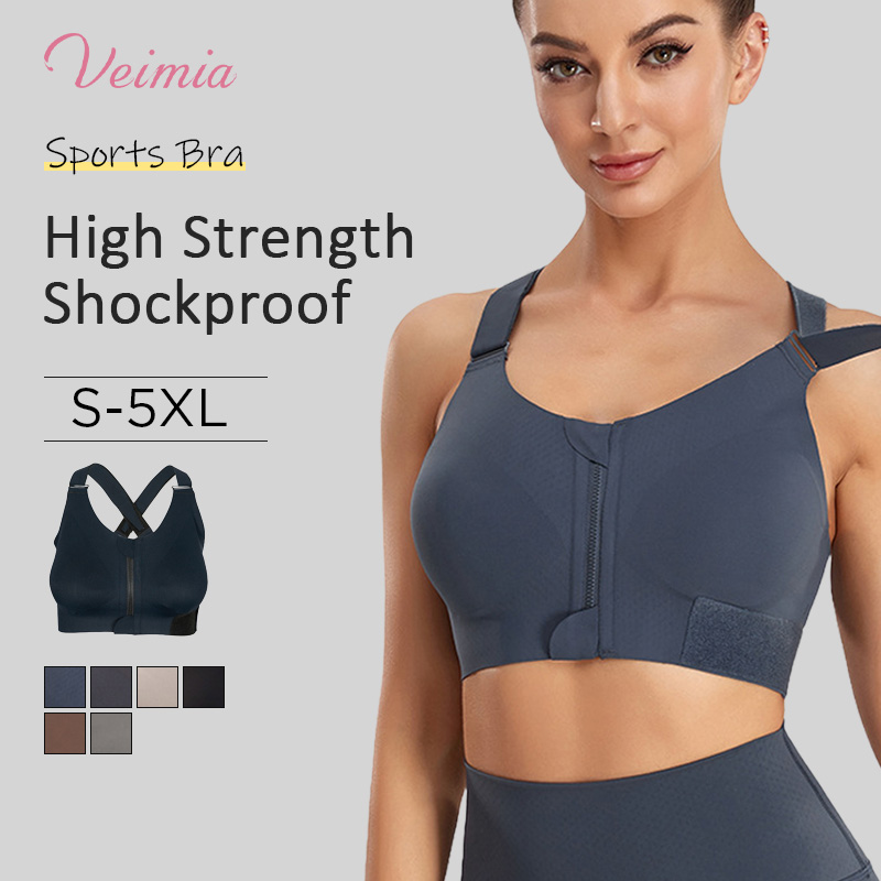 High Impact Zip Up Front Cross Back Sports Bra For Large Breasts VEIMIA