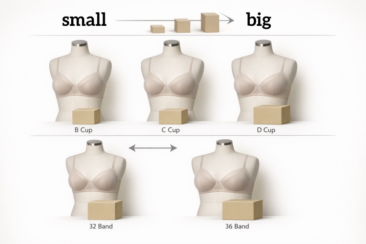 VEIMIA cup size is bigger b c d and difference between 32d and 36d