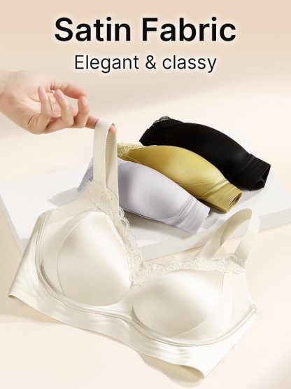 Delicate Lace Bra Anti-sagging Lift & Wireless Soft Support With Breathable Cup Pads, Silky Satin & Airy Lace For Gentle Comforts VEIMIA