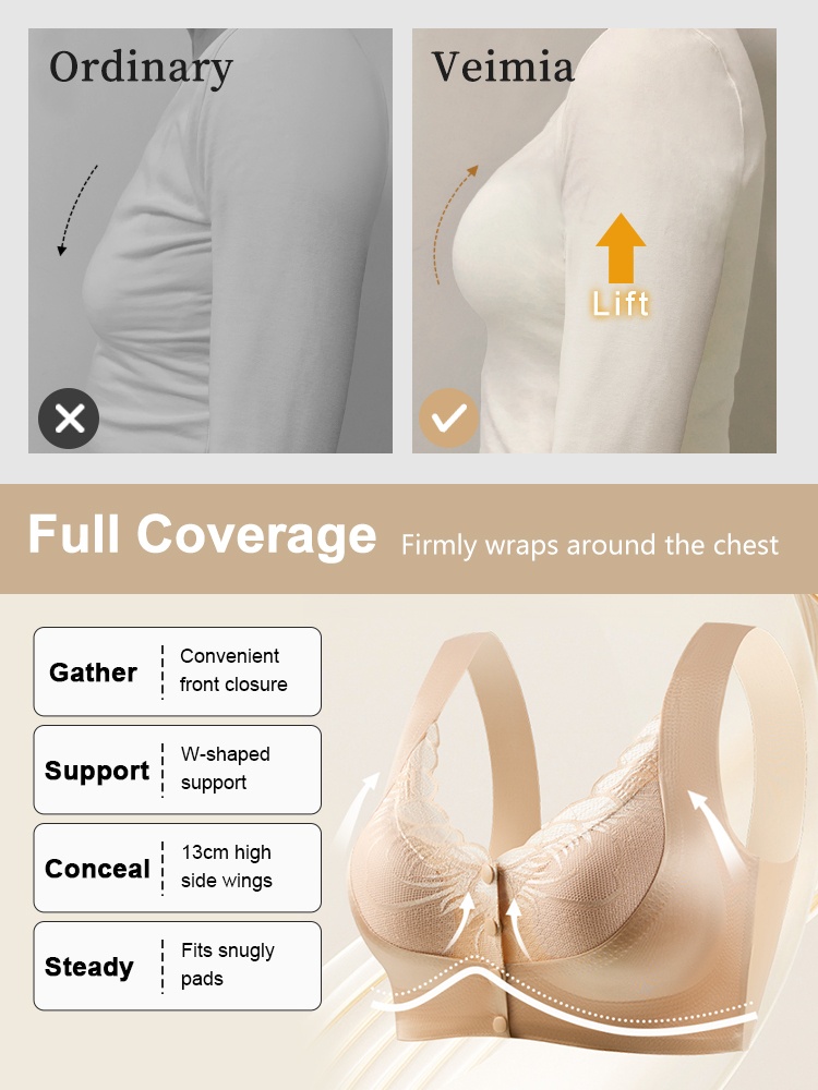 Easy-wear Lace Front Closure Bras Full Coverage Secure Supports & Wireless Sleep Comforts VEIMIA