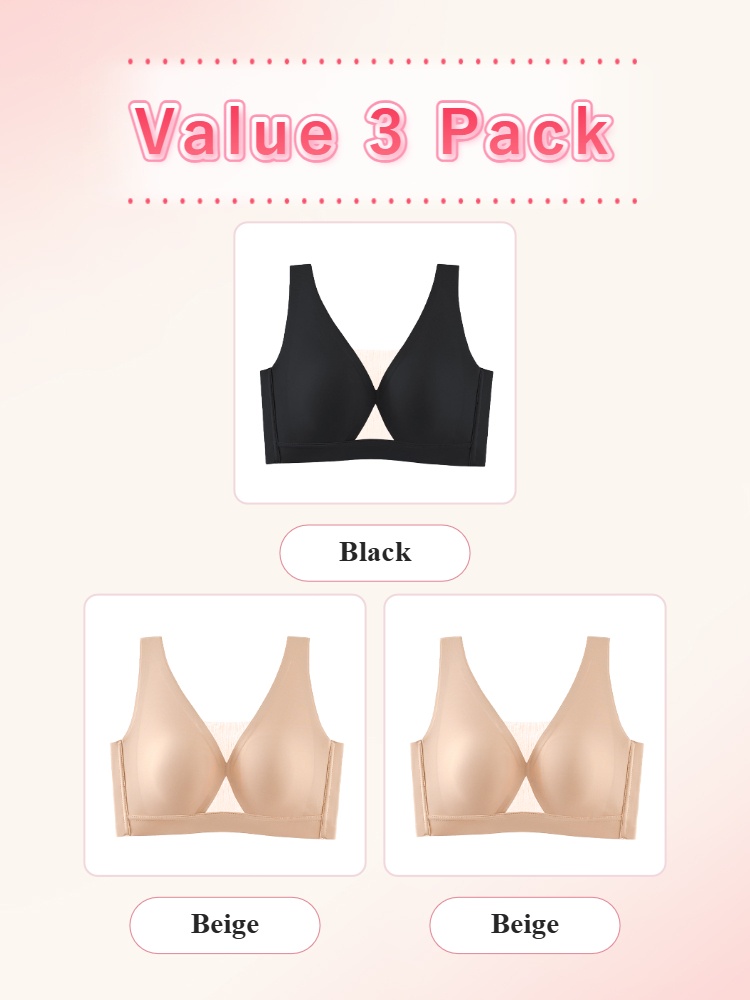 Value 3 pack black and two beige deep V seamless anti-sagging bras VEIMIA