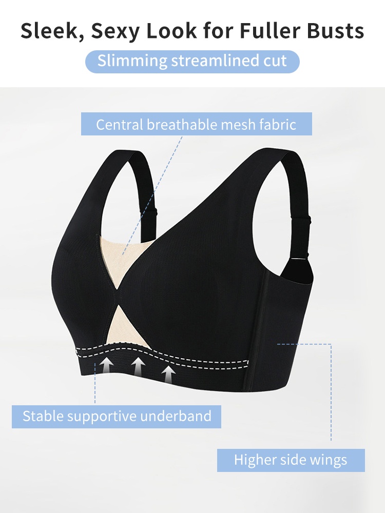 Black deep V seamless bra product diagram with breathable mesh center, supportive underband and higher side wings VEIMIA