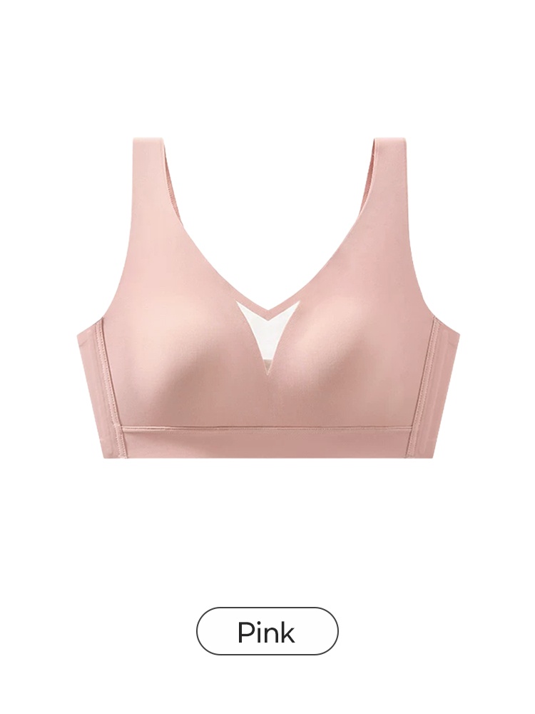 Pink V-neck bra front view with mesh center panel and wide underband VEIMIA