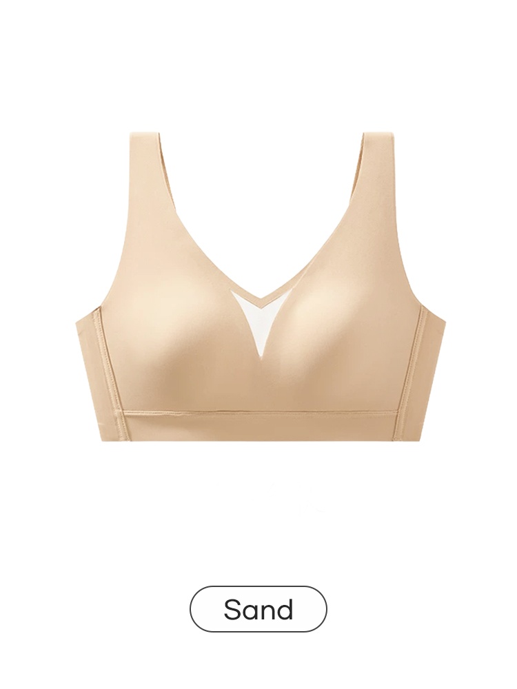 Sand V-neck bra front view with mesh center panel and wide underband VEIMIA