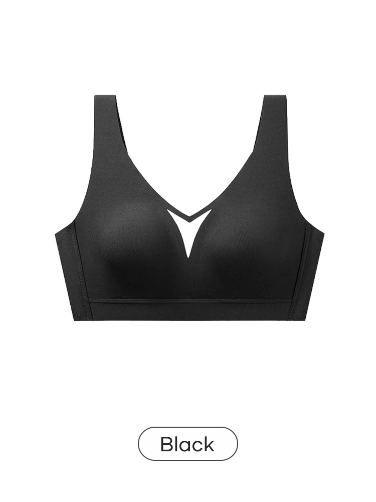 Black V-neck bra front view with mesh center panel and wide underband VEIMIA