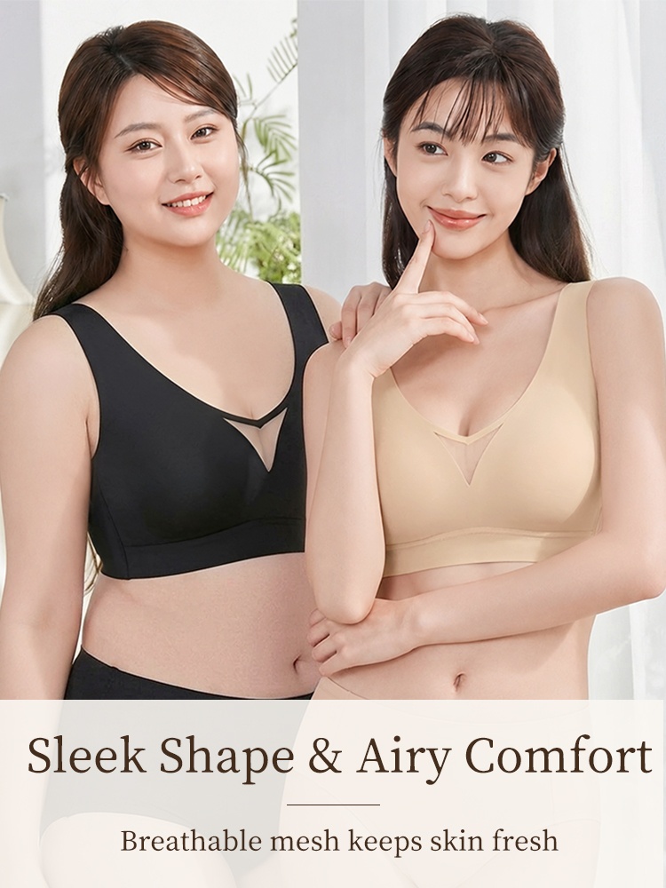 Two models wearing black and sand V-neck bras with breathable mesh panels VEIMIA