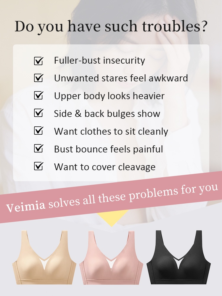 Feature graphic showing common bra fit concerns with sand pink and black styles VEIMIA