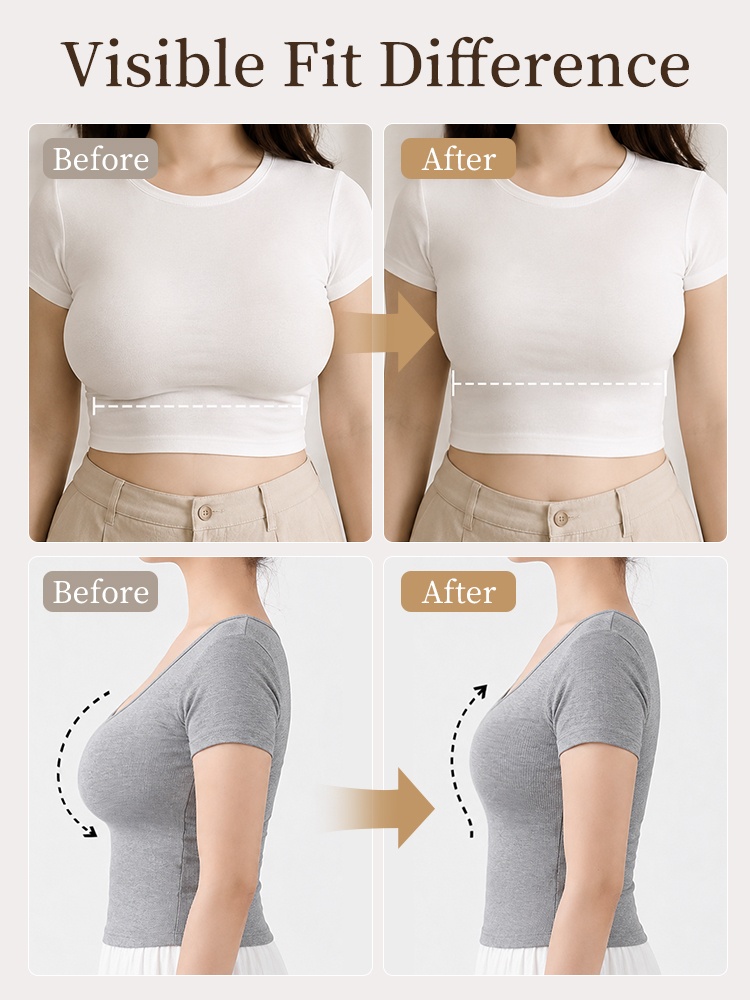 Before and after comparison showing smoother bra fit under fitted tops VEIMIA