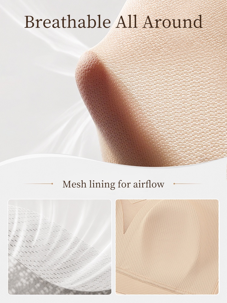 Close-up of breathable mesh lining and perforated fabric on sand bra VEIMIA