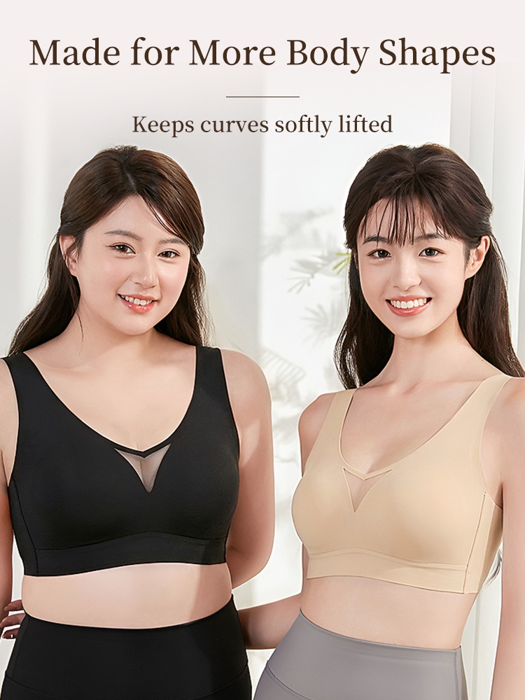 Two models wearing black and sand V-neck bras with wide straps VEIMIA