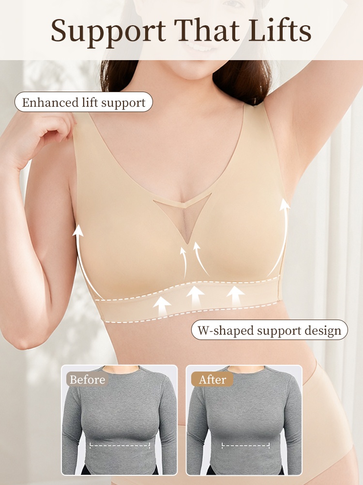 Feature graphic showing W-shaped support and upward lift on sand bra VEIMIA