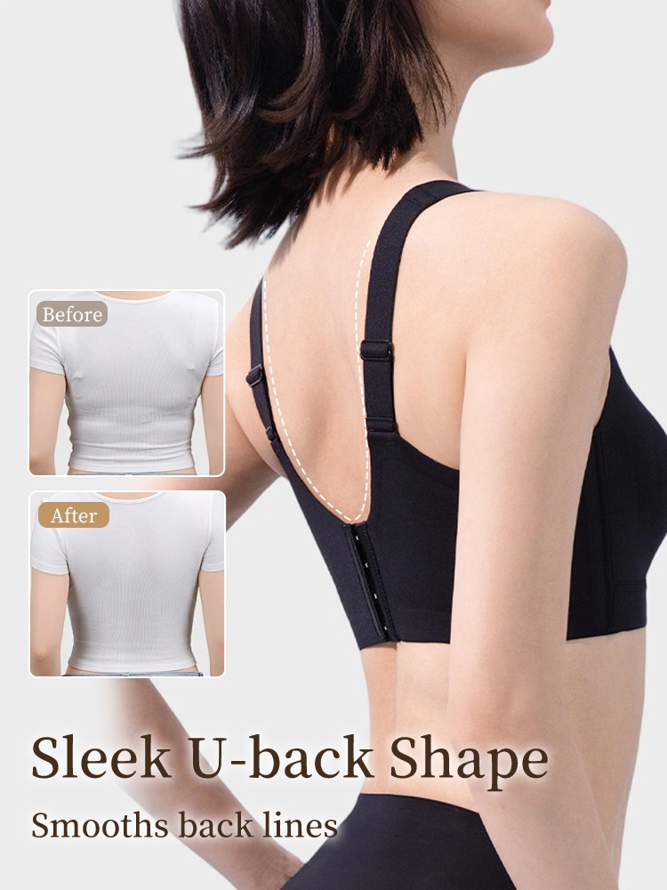 Back view of model wearing black bra with adjustable straps and U-back design VEIMIA