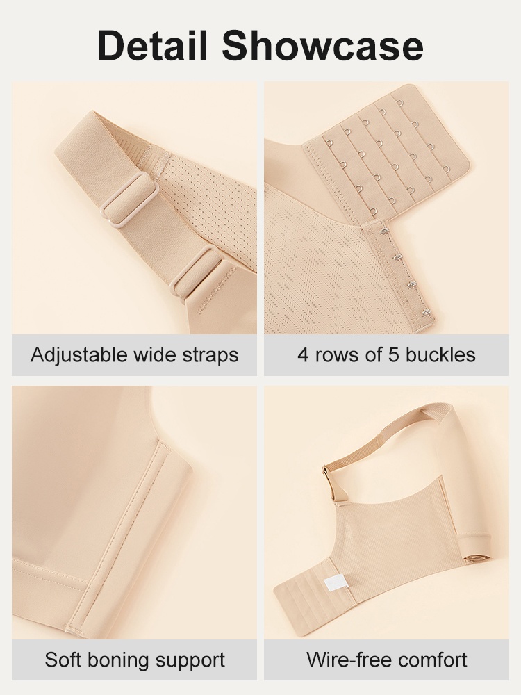 Detail showcase of adjustable wide straps hook closure side support and wire-free construction VEIMIA